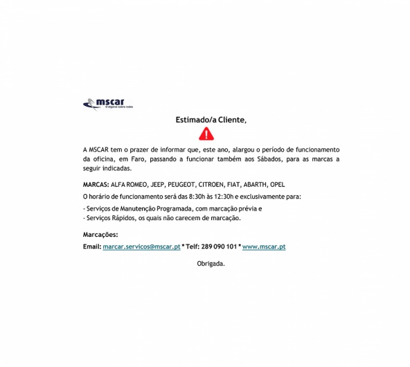 A oficina da MSCAR de Faro funciona tamb�m aos S�bados, para as  marcas Stellantis.